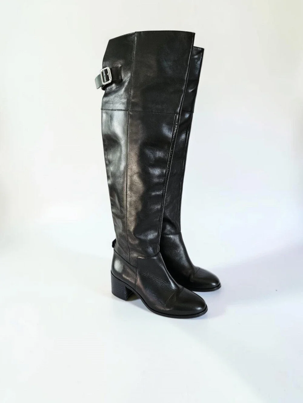 Zara Classic Black Over-the-Knee Buckle Detail Block Heel Almond Toe Tall Boot 6